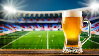 Glass of fresh and cold beer on blurred football stadium background