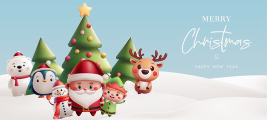 Christmas illustration winter landscape cute 3D characters. Santa, reindeer, elf, penguin, polar bear, and a snowman, Christmas tree. Perfect for holiday greetings and decorations. Not AI generated.