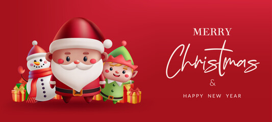 Red banner with cute cartoon characters Santa, elf, snowman with presents in a joyful 3D Christmas illustration. Perfect for holiday greetings and festive designs. Not AI generated.