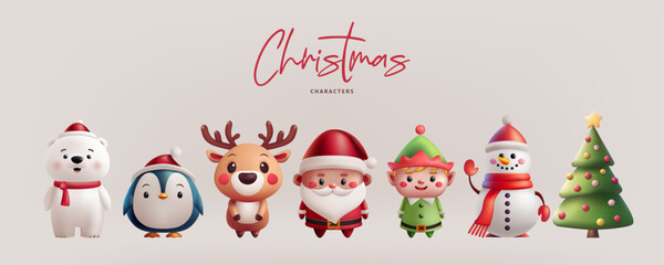 Christmas illustration set cute 3D characters. Santa, a reindeer, an elf, a penguin, a polar bear, and a snowman, Christmas tree. Perfect for holiday greetings and decorations. Not AI generated. - obrazy, fototapety, plakaty