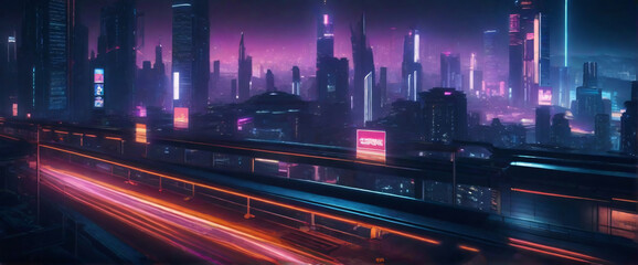 Fototapeta na wymiar a futuristic, cyberpunk-inspired cityscape at night, with neon lights and holographic advertisements glowing brightly. Use a wide-angle lens and a cool color palette to evoke a sense of mystery