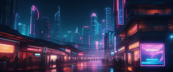 a futuristic, cyberpunk-inspired cityscape at night, with neon lights and holographic advertisements glowing brightly. Use a wide-angle lens and a cool color palette to evoke a sense of mystery - obrazy, fototapety, plakaty