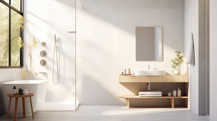 a bathroom with a white tile wall and a tile floor and a white sink and a white shower and a glass shower door