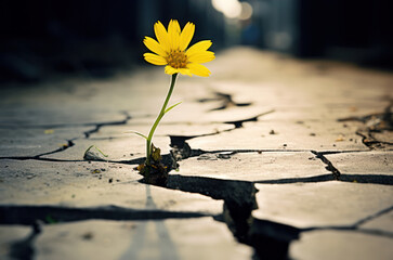 yellow flower growing through the cracked concrete road, hope concept