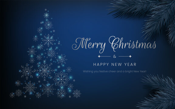 Merry Christmas Happy New Year banner with a blue theme, luxurious and realistic design. Realistic pine, cone shape with glitter lights snowflake elements, Not AI-generated.