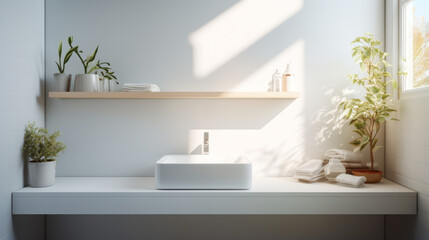 a bathroom with a white sink and a white tub and a cabinet  - obrazy, fototapety, plakaty