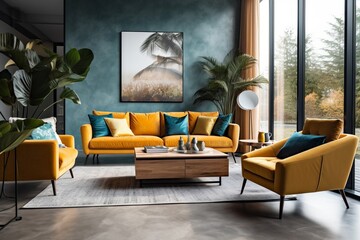 A Vibrant Living Room with a Cheerful Yellow and Calming Blue Color Scheme