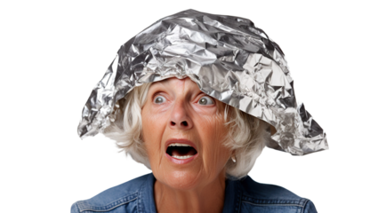 Senior woman in tin foil hat, cut out
