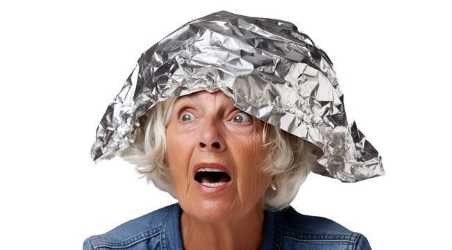 Senior woman in tin foil hat, cut out