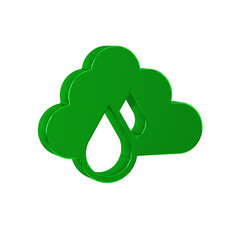 Green Cloud with rain icon isolated on transparent background. Rain cloud precipitation with rain drops.