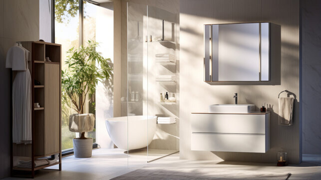 a bathroom with a white sink and a white shower and a mirrored cabinet