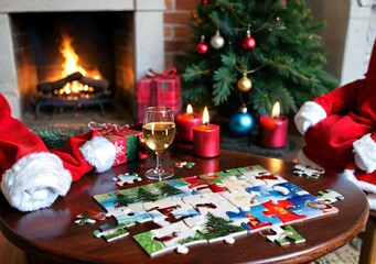 Naklejka na ściany i meble Christmas Jigsaw Puzzle Pieces On A Table, With A Fireside Setting.