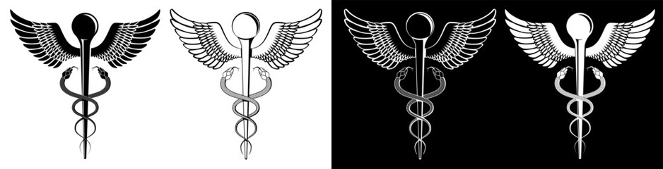 Gold Caduceus Medical Icon Vector Monochrome Stamp element set. Medical Snake Rod with Wings Caduceus Black White Tattoo Logo Sign Template Vector Isolated on White Background