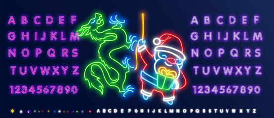 Greeting card design with funny Dragon characters in Santa hats. Symbol of Chinese New Year 2024 for your design