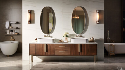 A bathroom retreat has a double vanity and a statement mirror