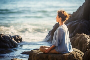 Seated on a coastal rock, a woman practices mindful breathing—cultivating mental well-being with the breathwork concept by the calming seashore