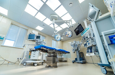 Hospital modern operation room. Healthcare emergency ward.