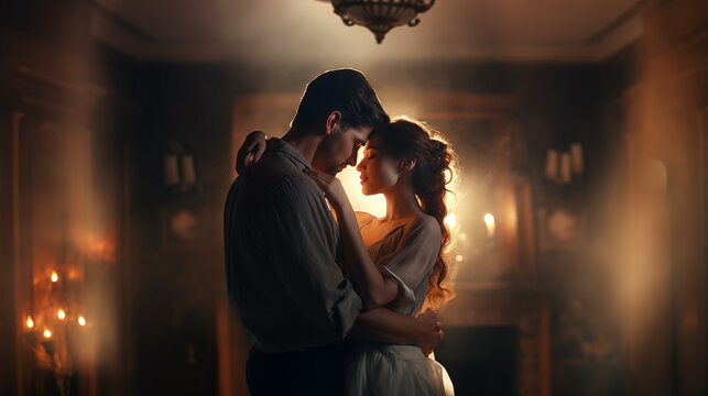romantic image for valentine's day.passionate beautiful couple kiss. cinemaic light