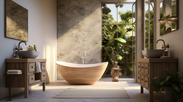 A bathroom oasis has a freestanding tub