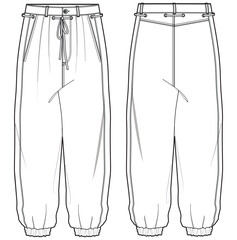 Men's Jogger pants front and back view flat sketch fashion illustration, Knitted track bottom pants vector template, Sweatpants design drawing - obrazy, fototapety, plakaty