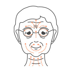 Anti-age face lifting massage technique for rejuvenation and radiant look. Facial routine to reduce fine lines and wrinkles. Beauty and wellbeing concept. Vector linear illustration.
