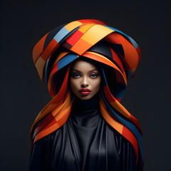 Мodel portrait. Beautiful colorful hooded cap. Geometric shapes of the pattern. Black background