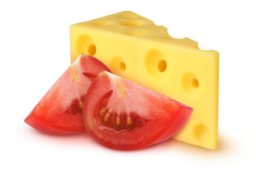 Tomato slices and cheese with holes on an isolated white background.