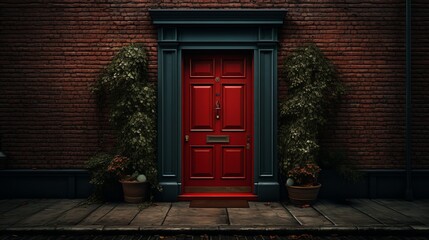 Naklejka premium red door in the brick house ai generated