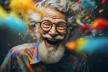 a man with white beard and glasses laughing