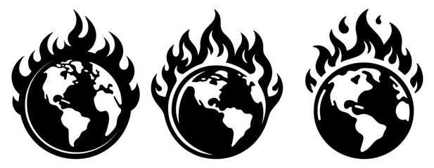 Globe icons set. Black icon of Globe with flame on white background. Global warming or climate change concept. Vector illustration