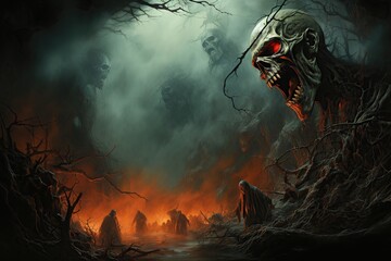 scary zombie - scary scene of hell - obrazy, fototapety, plakaty