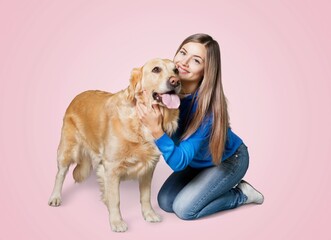 Happy woman with young cute dog pet