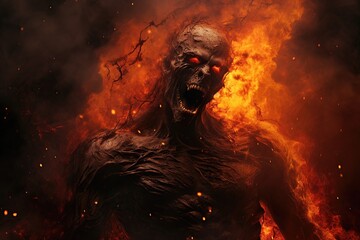 a scary zombie is burning in hell - obrazy, fototapety, plakaty