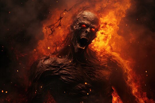 a scary zombie is burning in hell