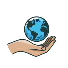 A hand holds an Earth globe. Concept of caring for the Earth. Vector illustration