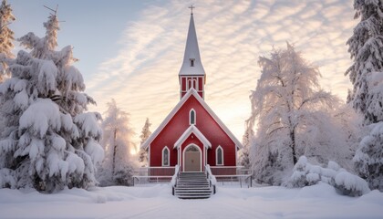 A Serene Winter Scene: The Red Church with a Snow-Covered Steeple - obrazy, fototapety, plakaty
