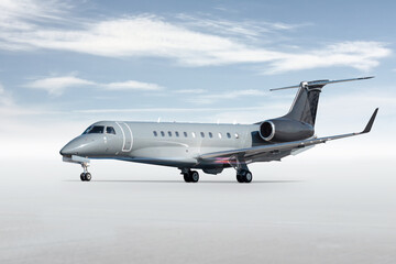 Modern business jet isolated on bright background with sky