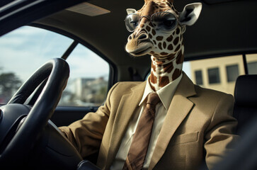 An anthropomorphic giraffe in suit and glasses is driving a car