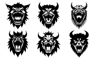 Obraz premium Set of horned monster heads with open mouth and bared fangs, with different angry expressions of the muzzle. Symbols for tattoo, emblem or logo, isolated on a white background.