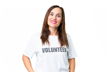 Middle age volunteer woman over isolated chroma key background laughing