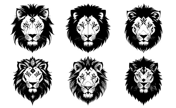 Set of lion heads with closed mouth, with different calm expressions of the muzzle. Symbols for tattoo, emblem or logo, isolated on a white background.