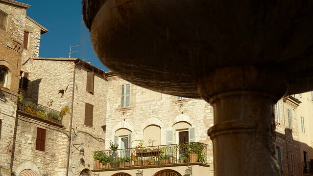 Close-up shot of the Fontana dei Tre Leoni in Assisi, Umbria, Italy, a UNESCO World Heritage Site