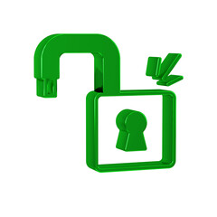 Green Open padlock icon isolated on transparent background. Opened lock sign. Cyber security concept. Digital data protection.