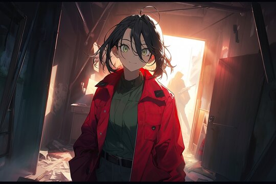 a young girl with black hair and a red jacket in a horror scene - part of a comic