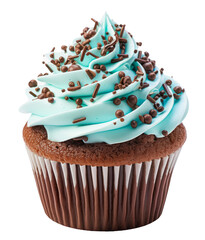 chocolate cupcake with blue cream and chocolate topping isolated on a transparent background