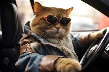 An anthropomorphic red cat in clothes and glasses is driving a car