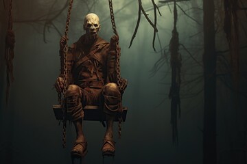 a scary zombie on a swing in a dark forest