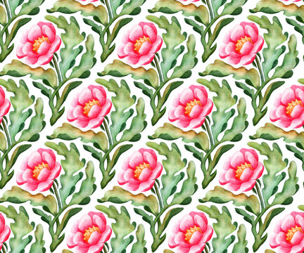 Flowers seamless romantic pattern. Summer print for textiles. Watercolor illustration on paper. Handmade.
