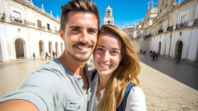 Travel couple happy making selfie portrait with smartphone in City Museum of Evora, Portugal.