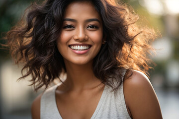 A closeup photo portrait of a beautiful young asian woman smiling with clean teeth, Portrait of a woman
